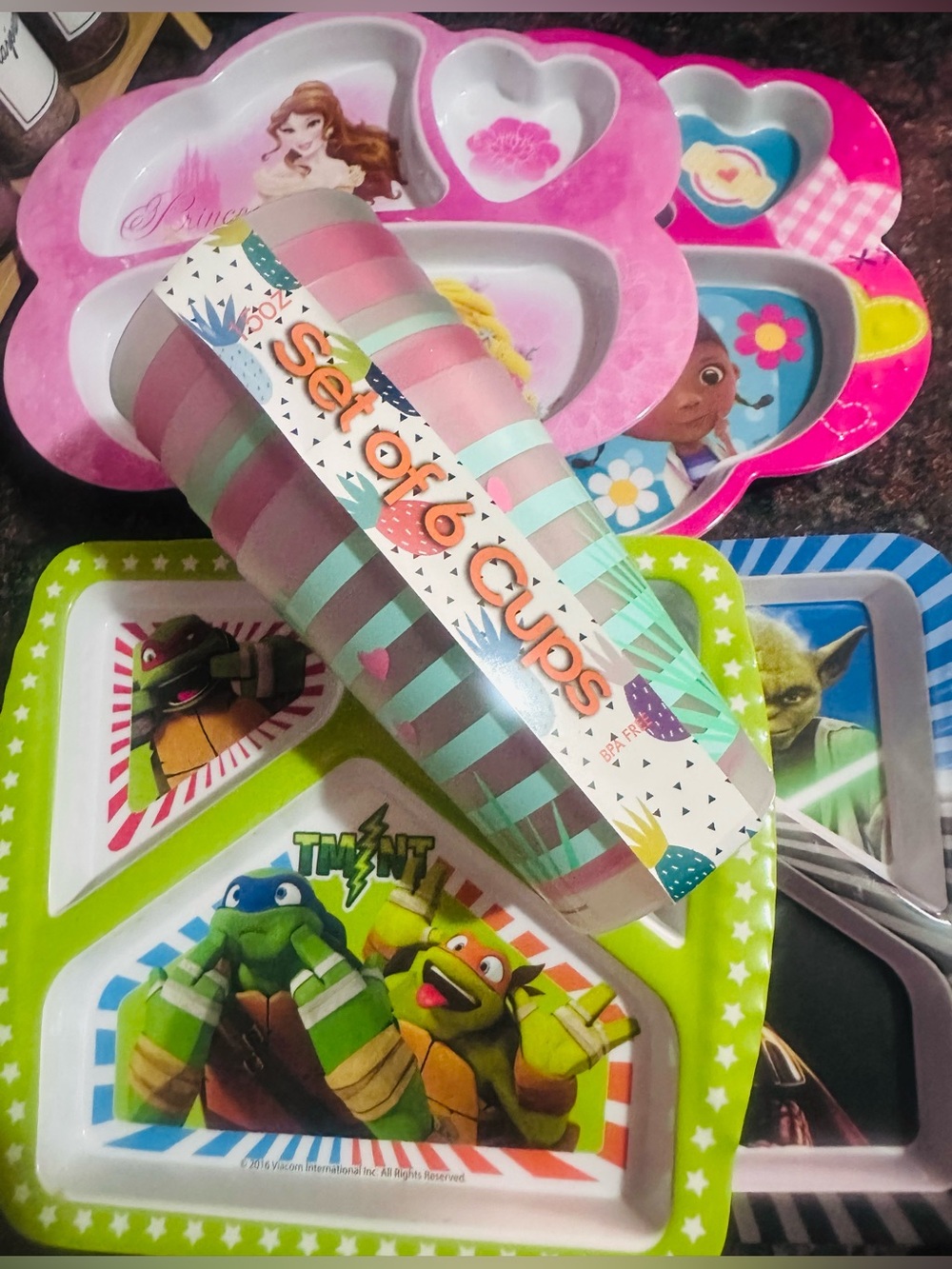 Zak Design✨💚💙🩷⭐️Set of 6 Striped Pink & Mint Kids Party Cups and 4 Plateware